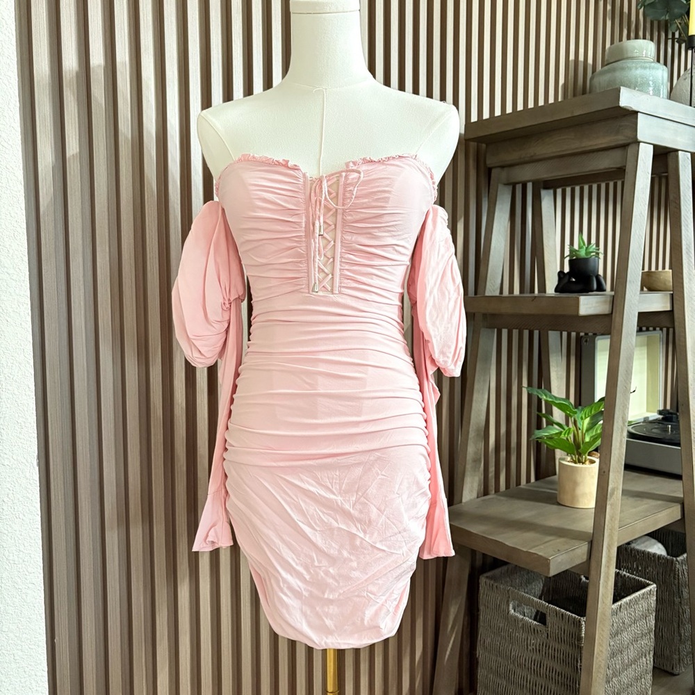 Oh Polly | Pink Off-Shoulder Ruched Mini Dress